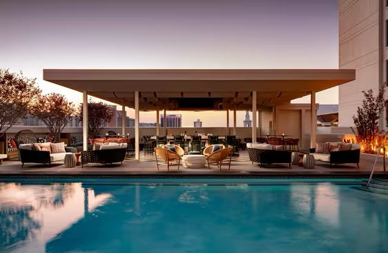 Rooftop pool lounge at dusk, Orlando